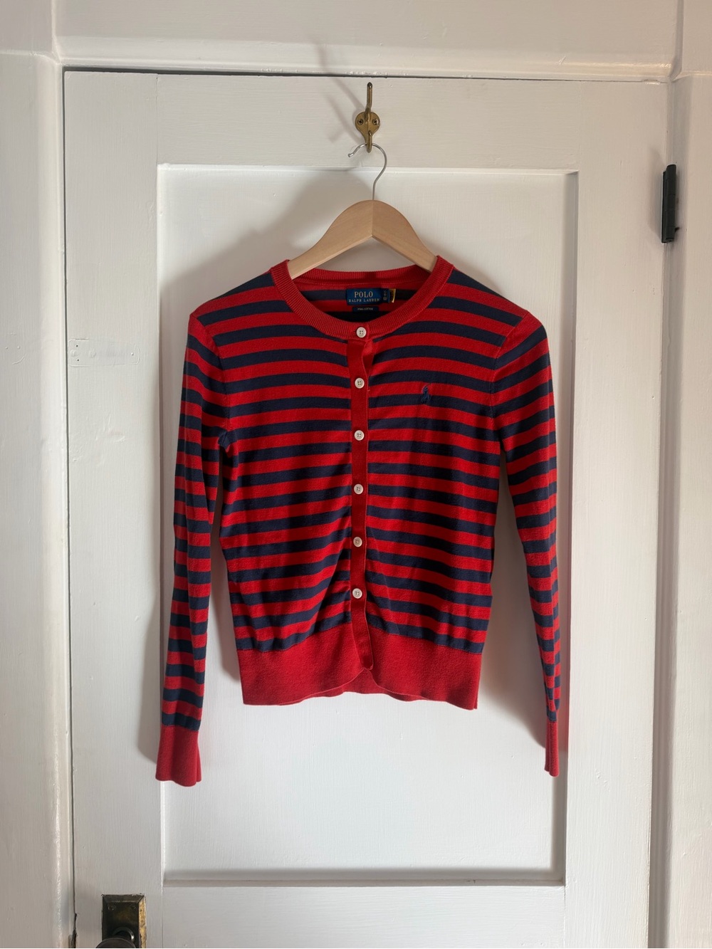 Polo by Ralph Lauren Red and Navy Striped Button-Front Cardigan